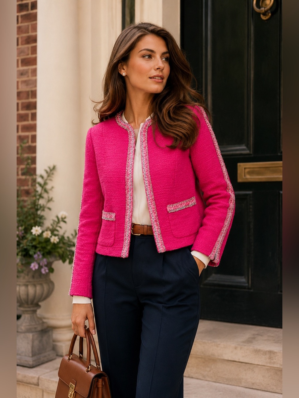 Cabi Ballroom Jacket M Fuchsia Pink Bouclé Tweed Metallic Trim NWT